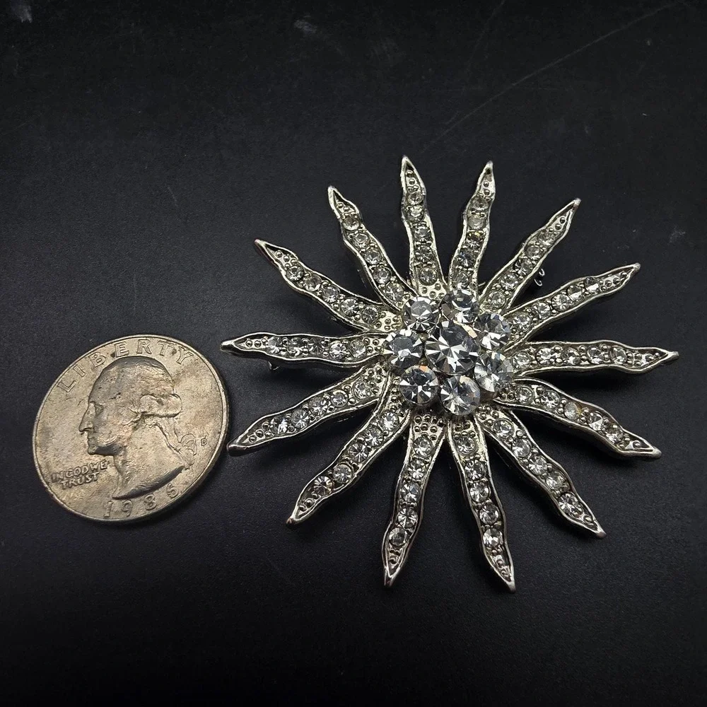 Rhinestone Sunburst Brooch Silver Tone Celestial Vintage Costume Jewelry